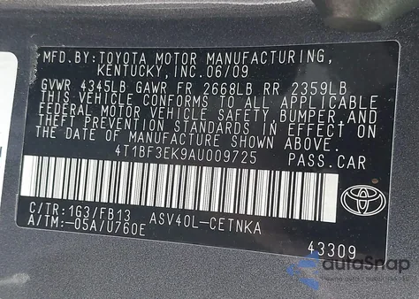 2010 Toyota Camry Le из США, поврежденный, VIN 4T1BF3EK9AU009725